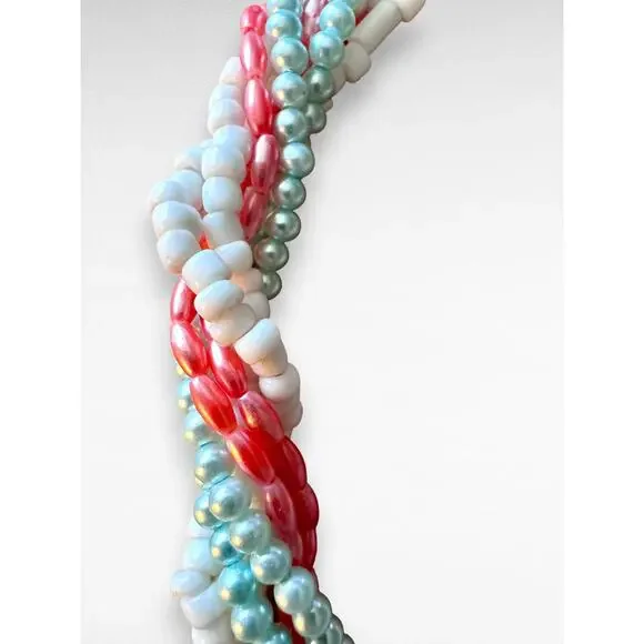 Vintage Multi Strand Seed Bead Torsade Necklace Gold Tone Scallop Clasp 15 Inch - Picture 3 of 8